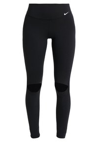 Leggings neri a vita alta con tagli a contrasto sulle ginocchia, realizzati in tessuto elasticizzato. Presentano un piccolo logo Nike bianco sulla vita.