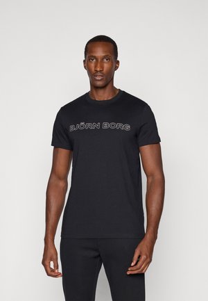 Schwarzes T-Shirt mit kurzen Ärmeln aus Baumwolle, mit auffälligem "BJÖRN BORG"-Logo in hellen Farben über der Brust, Rundhalsausschnitt und normaler Passform.