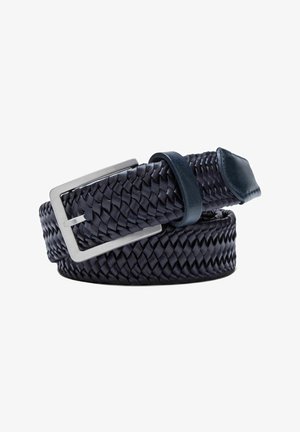 Ceinture tissée en cuir navy avec une boucle rectangulaire en argent et une boucle en cuir lisse. Corps texturé avec une extrémité ronde.