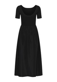Robe midi noire à manches courtes, encolure arrondie, corsage côtelé ajusté et jupe fluide en satin.