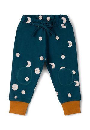 Dark teal toddler pants with an elastic waistband, moon and sleepy face patterns, patch knees, and mustard-colored ankle cuffs.