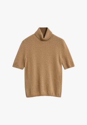 Lyhythihainen kamelinruskea poolopaita, jossa on ribbikuvioinen kaulus, hihansuut ja helma, esillä valkoista taustaa vasten.