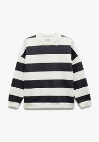 Weißer Pullover mit dicken navyblauen Streifen, ausgestattet mit einem Polokragen und gerippten Bündchen. Aus weichem Baumwollmix gefertigt, mit einer lockeren Passform.