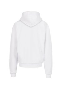 Hvid sweatshirt med hætte, ribbede manchetter og kant. Glat tekstur, ingen synlige mønstre eller grafik, vist fra bagsiden.