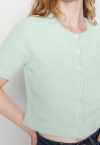 Světlounce zelený krátký kardigan s krátkými rukávy a chlupatou texturou, s šesti průhlednými knoflíky a zkráceným střihem s vroubkovaným lemem.