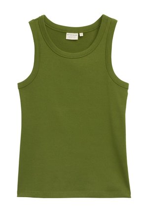 Débardeur sans manches vert olive en coton doux, avec un col rond et une texture lisse agrémentée de détails de ourlet couture.