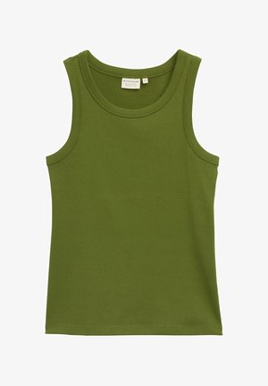 Olivgrünes ärmelloses Tanktop aus weicher Baumwolle, mit rundem Halsausschnitt und glatter Textur sowie genähten Saumdetails.