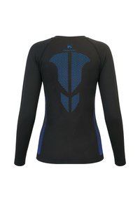 Long-sleeve sports top in black with blue accents and a textured back featuring a circular pattern. Made of stretchy, breathable material.