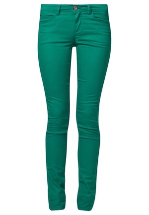 Slim-fit groene broek met voorzakken, lussen voor een riem en een knoopsluiting.