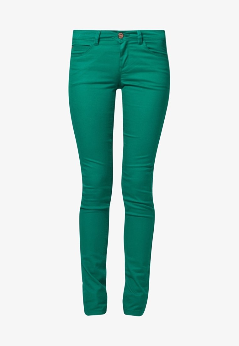 Pantalon vert slim avec poches avant, passants pour ceinture et fermeture à bouton.