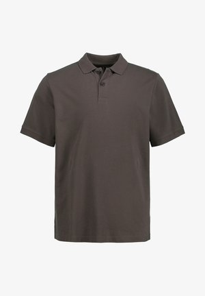 Polo shirt marrone realizzato in tessuto leggero, con collo a camicia, maniche corte, tre bottoni e orlo dritto.