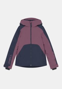 Lila och marinblå huvjacka med dragkedja fram, kontrasterande paneler, sidofickor och logotyp på ärmen. Slät textur och elegant design.