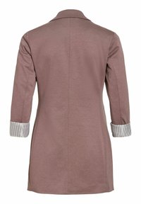 Mauve long blazer with three-quarter sleeves, featuring white cuffs with thin vertical stripes, shown from the back.