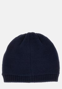 Tamsiai mėlynas megztas kepurė su minkšta tekstūra, apvaliu viršumi ir ripsiniu apvadu, užtikrinančiu tvirtą prigludimą. Paprastas, be siūlių dizainas.