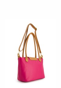 Pink pebbled leather handbag with tan handles and accents. Features a removable shoulder strap and a rectangular shape. Gold hardware detailing.