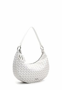 Witte hobo-tas met een geometrisch patroon in grijstinten. Voorzien van een enkele witte schouderband, zilveren hardware en een ritssluiting.