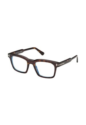 Prostokątne okulary w oprawie typu „tortoiseshell” z niebieskawymi szkłami i srebrnymi detalami na zausznikach.
