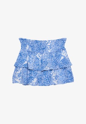 Modrá a bílá patterned tiered sukně s gumičkovým pasem. Má látku s paisley vzorem a vrstvené volánkové okraje.