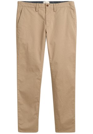 Chinos de algodón beige con un corte recto, frente plano, bolsillos laterales y cierre de botón. La tela tiene una textura suave y un detalle mínimo.
