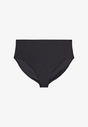 Czarne bikini z wysokim stanem wykonane z gładkiej tkaniny, charakteryzujące się prostym designem i czystymi liniami, bez widocznych wzorów czy dodatków.