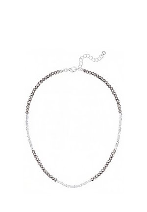 Collana con perline piccole sfaccettate nere e trasparenti alternate e chiusura in argento con estensione regolabile della catena.