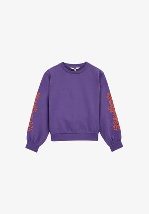 Lila sweatshirt med långa ärmar, ribbstickade manschetter och fåll. Har en broderad orange blommönster på ärmarna. Mjuk, texturerad tyg.