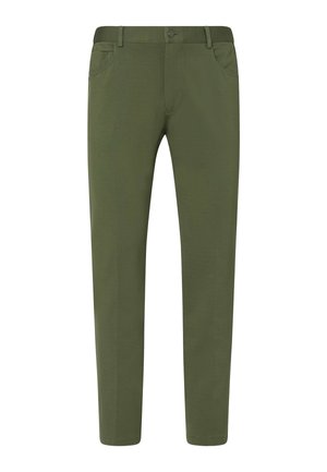 Pantalon décontracté pour hommes à coupe slim en vert olive uni, avec poches avant, passants pour ceinture et fermeture par bouton.