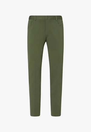 Pantalon décontracté pour hommes à coupe slim en vert olive uni, avec poches avant, passants pour ceinture et fermeture par bouton.