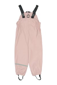 Mono impermeable rosa con puños elásticos, tirantes negros ajustables y detalles reflectantes grises. Textura suave, diseño ligero.