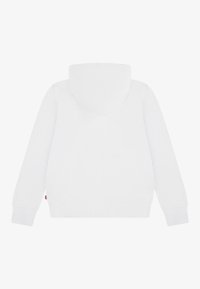 Sudadera de algodón blanca con capucha, mangas largas, puños y dobladillo acanalados, sin impresiones ni logotipos visibles. Textura suave en general.
