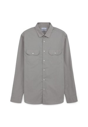 Light gray long-sleeve shirt with button-down collar, two chest pockets, and front button closure. Smooth texture and classic fit.
