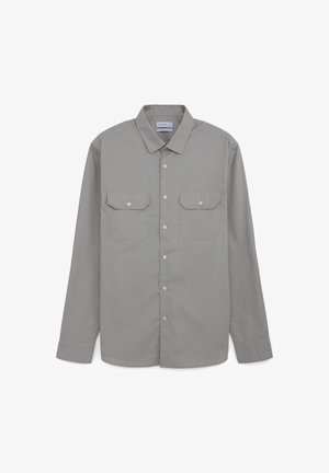 Light gray long-sleeve shirt with button-down collar, two chest pockets, and front button closure. Smooth texture and classic fit.