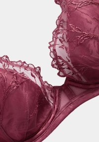 Bordó krajková podprsenka s květinovou výšivkou, průhledné síťované košíčky, saténový pás a dekorativní vlnité okraje. Texturovaná pro přidaný detail.
