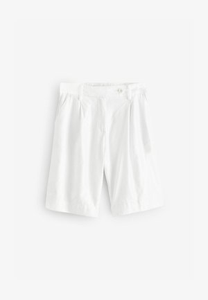 Bele bombažne kratke hlače z gumbom, stranskimi žepi in sproščenim krojem. Tkanina ima gladko teksturo in čiste robove.
