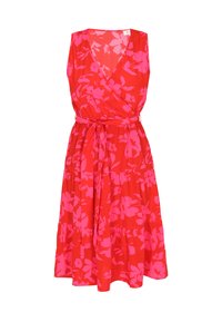 Rotes ärmelloses Kleid mit V-Ausschnitt, floralem Muster in verschiedenen Rosatönen, elastischem Bund und fließendem Rock.