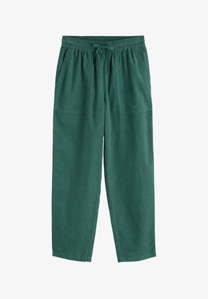 Grüne Leinenhose mit elastischem Bund, Kordelzugverschluss und seitlichen Taschen. Lockerer Schnitt mit geradem Bein-Design.