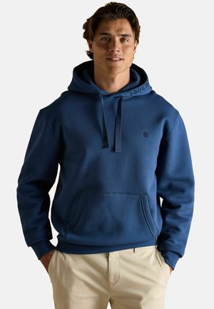 Blue cotton hoodie with a drawstring hood, front pocket, and embossed logo. Features ribbed cuffs and hem, smooth texture.