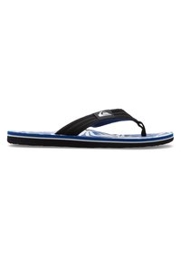 Sorte flip-flops med en struktureret sort rem, blå accenter og et hvidt marmor mønster på fodsengen. Gummisål for godt greb.