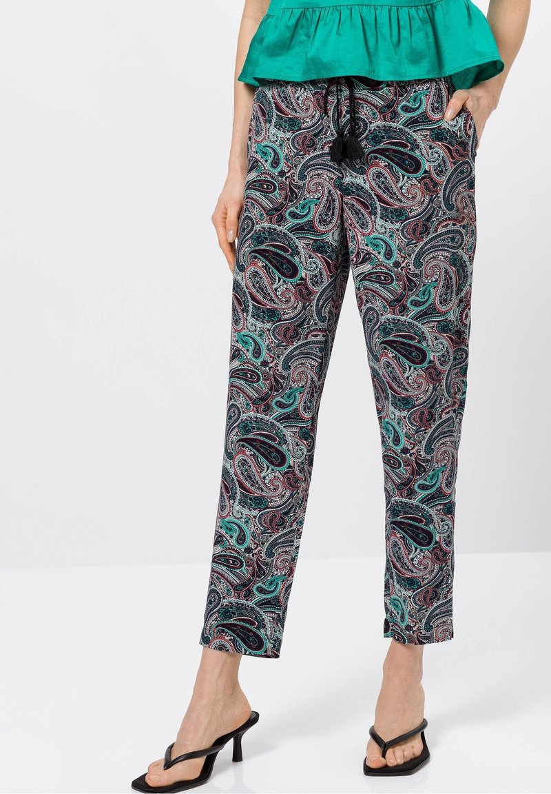 Pantalons à motifs avec un design cachemire en noir, turquoise et bordeaux. Présentent une taille élastique avec cordon de serrage et une coupe fuselée.