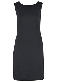 Mustaton ilmanhihaisen mekon suora leikkaus. Pyöreä pääntie ja piilotettu takavyö. Valmistettu sileästä kankaasta, jossa on matta pinta.