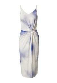 Ärmelloses cremefarbenes Kleid mit blauem Verlaufsmuster, das über ein verdrehtes Detail an der Taille und einen seitlichen Schlitz für Bewegungsfreiheit verfügt.