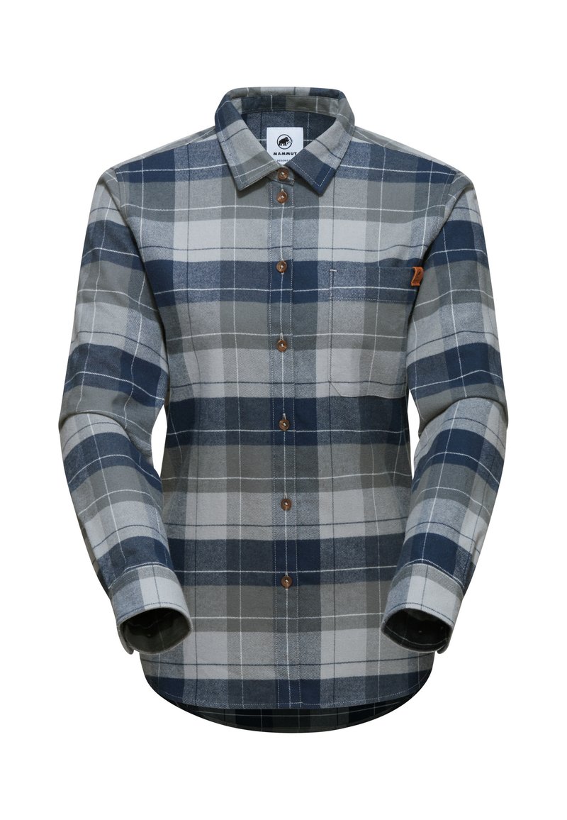 Langärmliges Flanellhemd mit Knopfleiste im blauen, grauen und weißen Karomuster, einer Brusttasche und braunen Knöpfen.