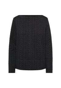 Schwarzer Pullover mit einem strukturierten Fischgrätmuster, weitem Rundhalsausschnitt und langen Ärmeln. Hergestellt aus einem weichen, dehnbaren Material.