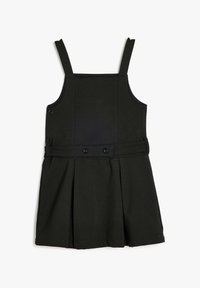 Robe noire avec des bretelles, un corsage ajusté et une jupe évasée avec des plis. Comprend une ceinture avec deux boutons.
