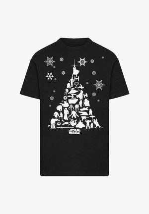 Black t-shirt featuring a white graphic design of a Christmas tree made of Star Wars characters and snowflakes, with "Star Wars" text at the bottom.