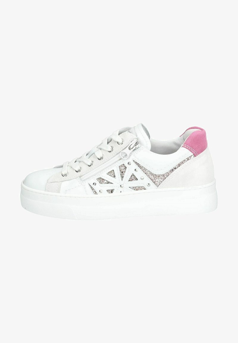 White sneaker with pink accents, suede and leather upper, decorative cutouts, glitter detailing, and round laces. Rubber sole for grip.