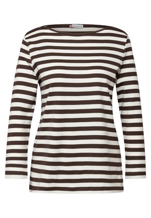 Długi rękaw, top w poziome brązowo-białe paski, z zaokrąglonym dekoltem i miękkim, elastycznym materiałem. Lekka i casualowa konstrukcja.