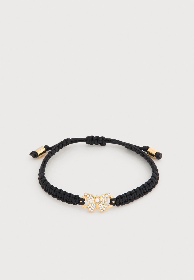 Ρυθμιζόμενο βραχιόλι με μαύρο πλεγμένο κορδόνι και χρυσή πεταλούδα διακοσμημένη με μικρούς διαφανείς κρυστάλλους.