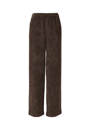 Bruine corduroy wijde broek met een gladde textuur en elastische tailleband, voorzien van verticale ribbels voor extra detail en comfort.