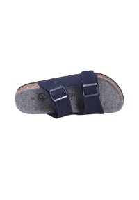 Infradito blu navy con due cinturini regolabili, plantare in feltro grigio, suola in sughero e suola in gomma testurizzata. Presenta fibbie in metallo.